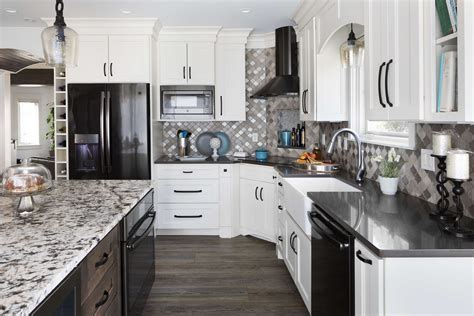 kitchen countertops with black appliances